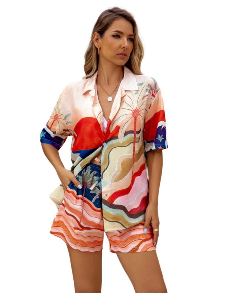 Tropical Print Button-up Shirt & Lined Shorts Sets Mutig S(8-10)