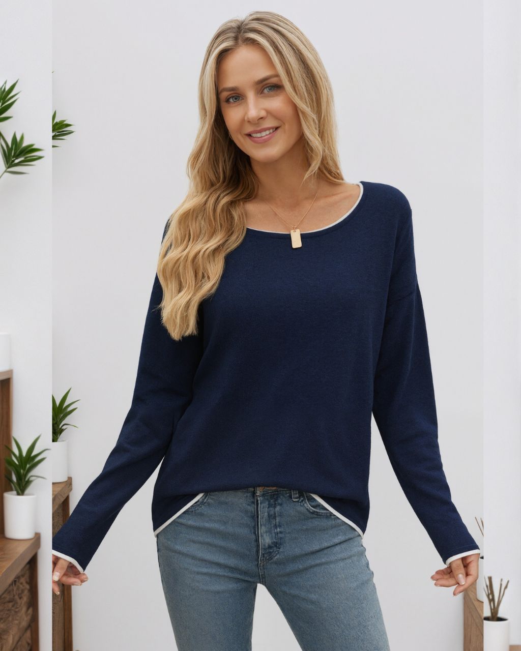 Colour Trim Knit Jumper Navy Tops Mutig