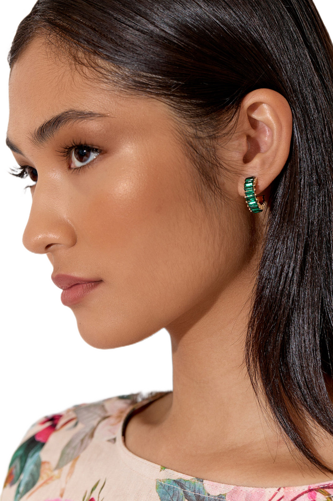 Baguette Jewel Mini Hoops Green/Gold Earrings Adorne   