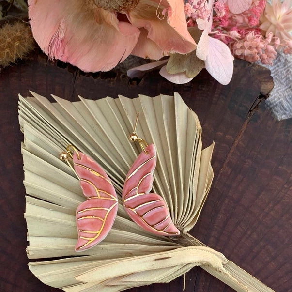 Butterfly Wings Porcelain Earrings with Gold Finish Pink Earrings Wolf and Clay