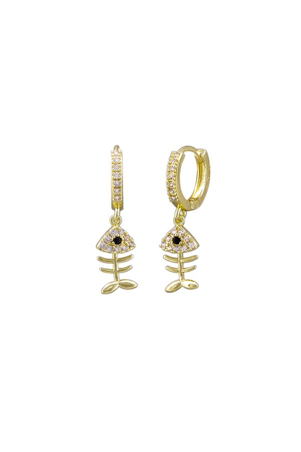 Gold Crystal Fish Bone Huggie Earrings Tiger Tree