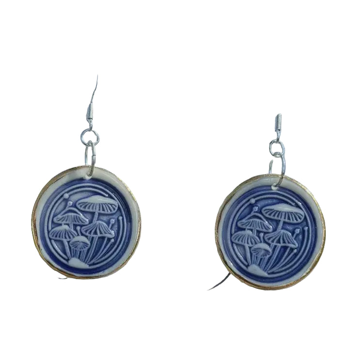 Mushroom Earrings Blue, Sterling Silver hook Earrings Wolf and Clay