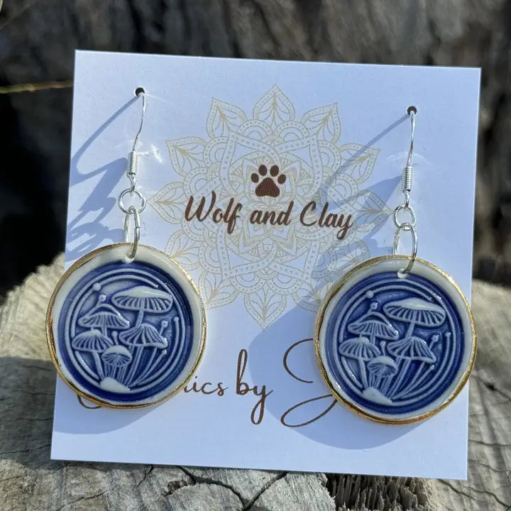 Mushroom Earrings Blue, Sterling Silver hook Earrings Wolf and Clay