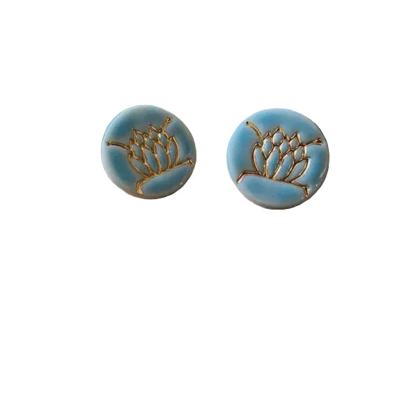 Succulent Stud Porcelain Earrings with Gold Blue Earrings Wolf and Clay