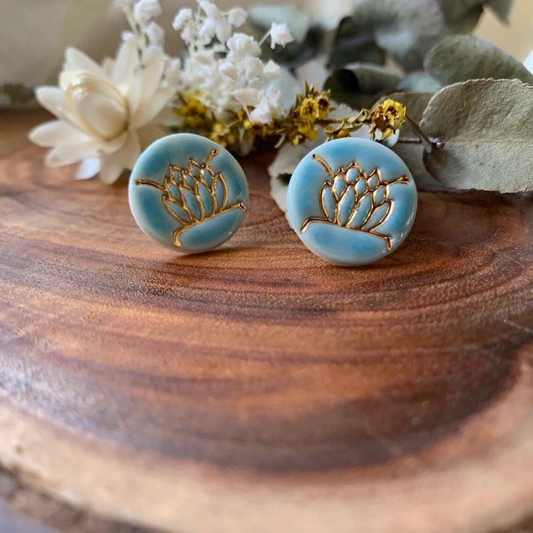Succulent Stud Porcelain Earrings with Gold Blue Earrings Wolf and Clay