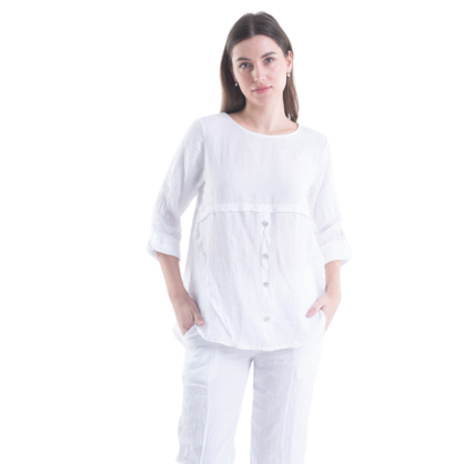 Button Front Linen Top White - Global Free Style