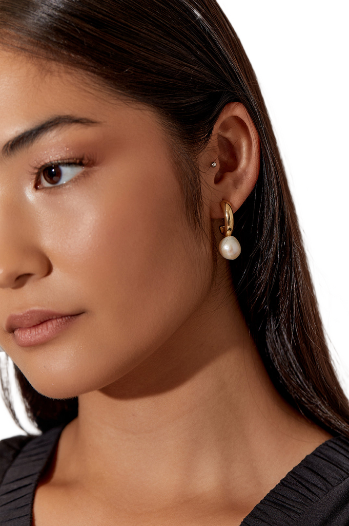 Marina Pearl Drop Chubby Hoops Cream/Gold Earrings Adorne   