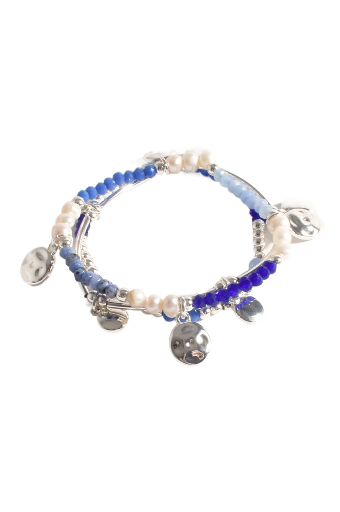 Stone Pearl Mix Stretch Bracelet Blue/Silver Bracelets and Bangles Adorne   