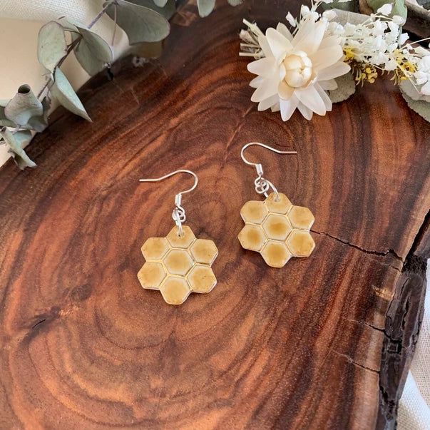 Honeycomb Porcelain Earrings with and Without Gold Earrings Wolf and Clay