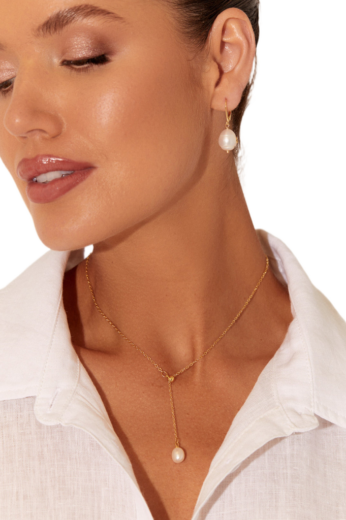 Pearl Y Drop Necklace Cream/Gold Necklaces Adorne   