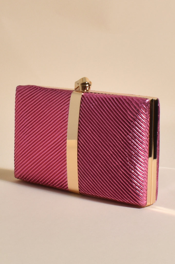 Kenna Metal Stripe Structured Clutch Hot Pink/Gold Bags and Purses Adorne Default Title  