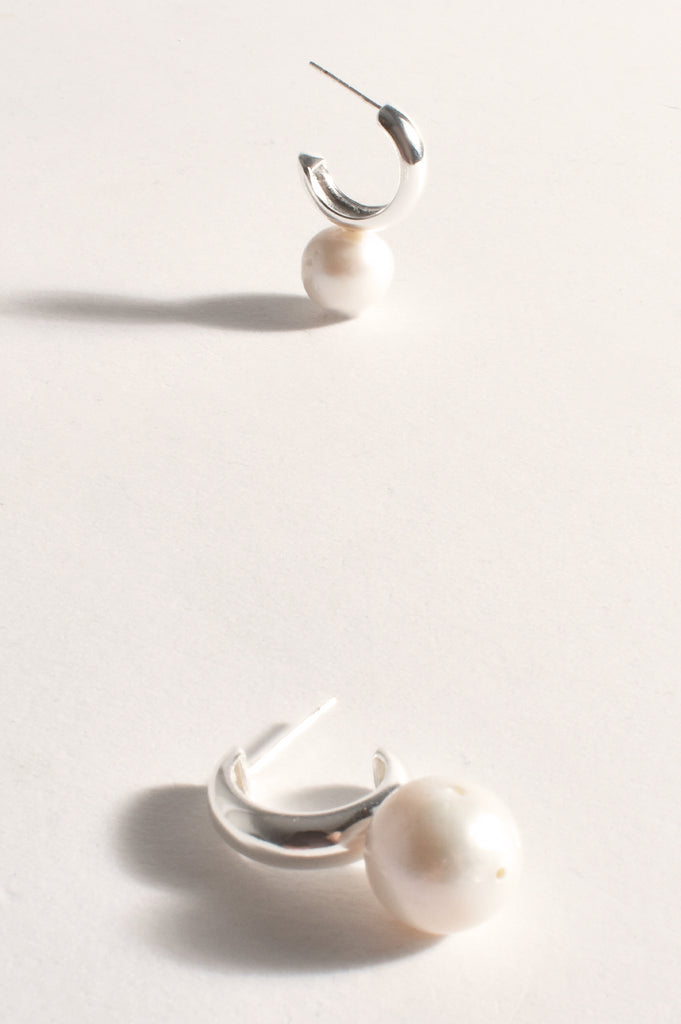 Marina Pearl Drop Chubby Hoops Cream/Silver Earrings Adorne Default Title  