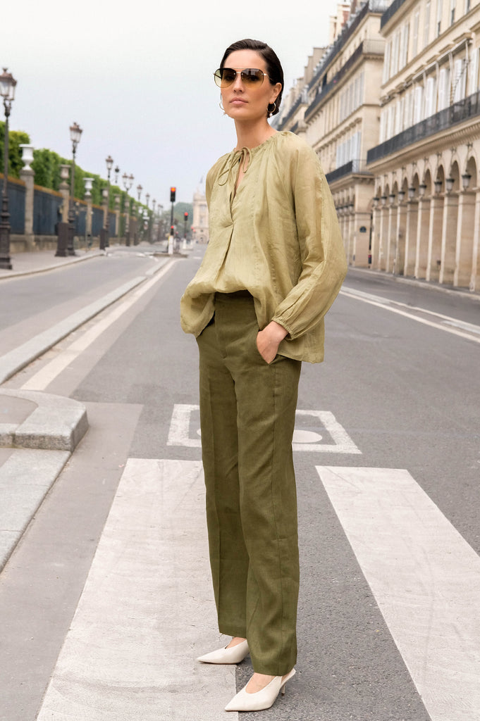 Nisha Linen Pant Green Bottoms Adorne   