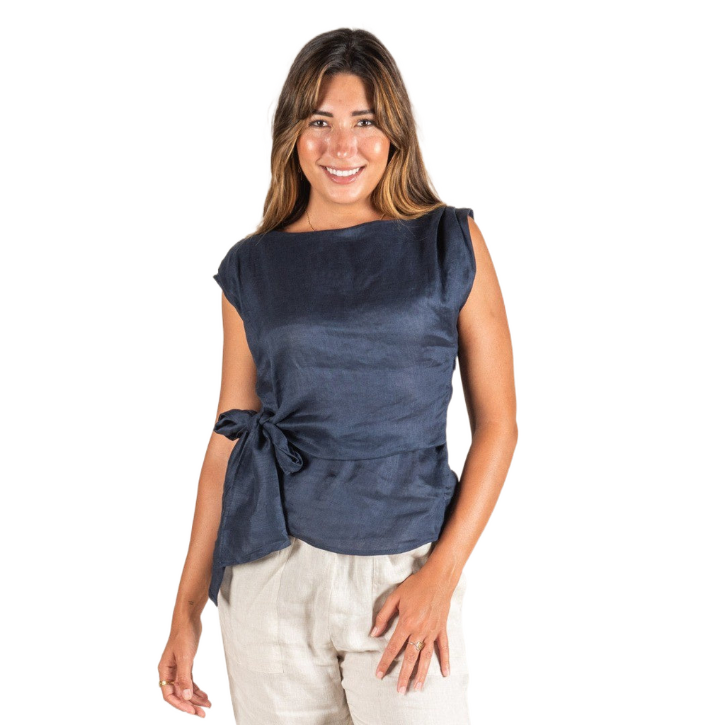 Rihanna Linen Top Blue Tops Valeria Label   