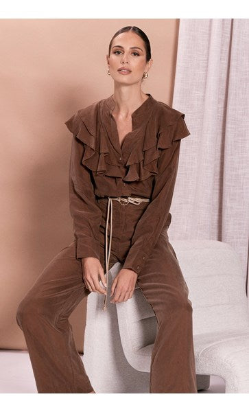 Textured Metal Ring Front Tie Belt Chocolate Belts Adorne