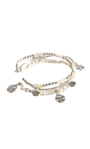 Stone Pearl Mix Stretch Bracelet White/Silver Bracelets and Bangles Adorne