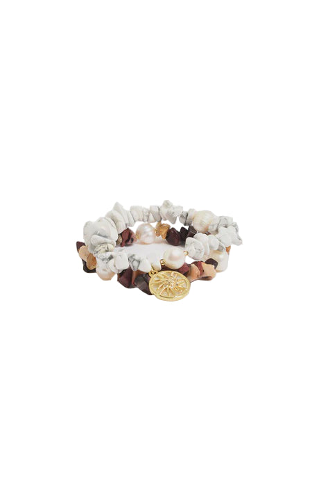 Sun Charm Stone Chip Pearl Stretch Bracelet Choc/White Bracelets and Bangles Adorne