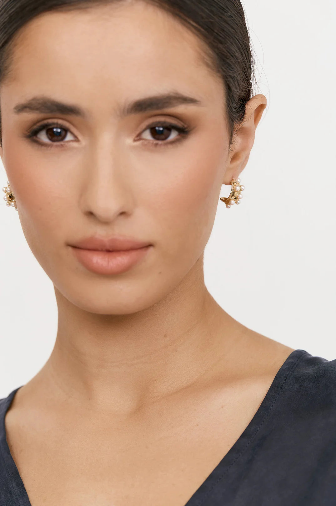 Mini Curved Faux Pearl Metal Hoops Cream/Gold - Global Free Style