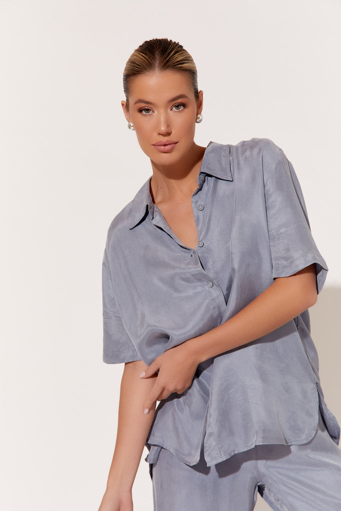 Nancy Cupro Short Sleeve Shirt Grey Tops Adorne   