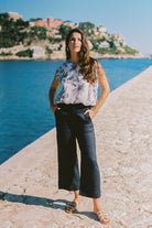 Nisha Cropped Linen Pant Navy Bottoms Adorne