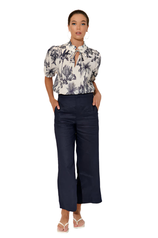 Nisha Cropped Linen Pant Navy Bottoms Adorne