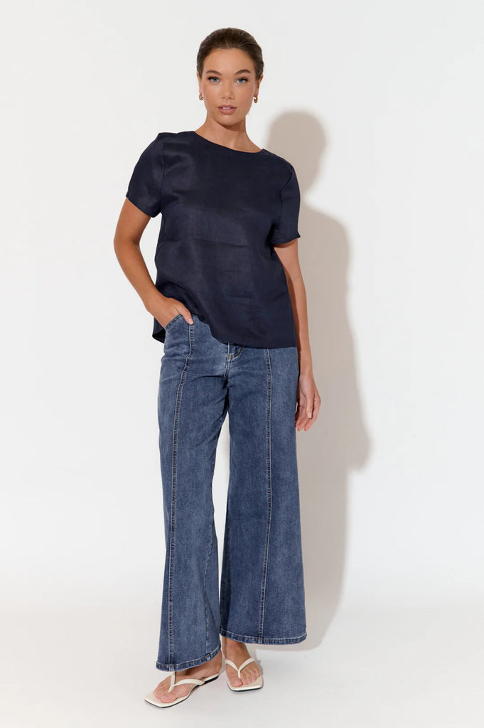 Kita Short Sleeve Button Back Linen Top Navy Tops Adorne   