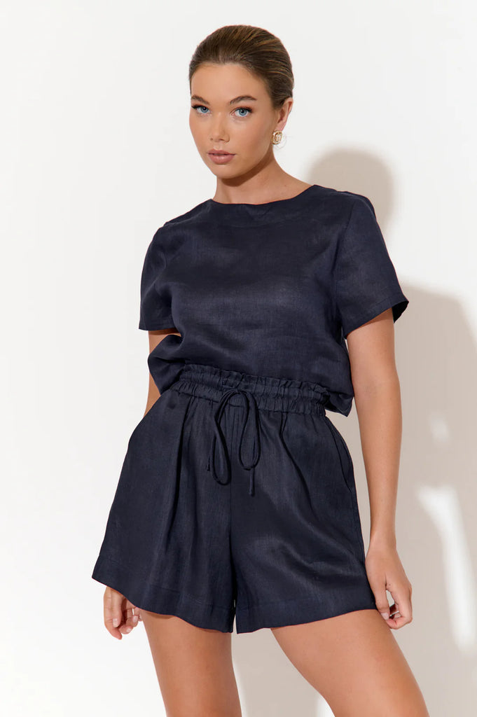 Kita Short Sleeve Button Back Linen Top Navy Tops Adorne   