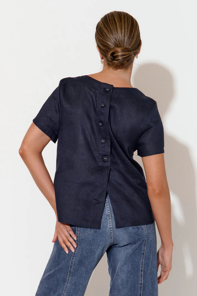 Kita Short Sleeve Button Back Linen Top Navy Tops Adorne   