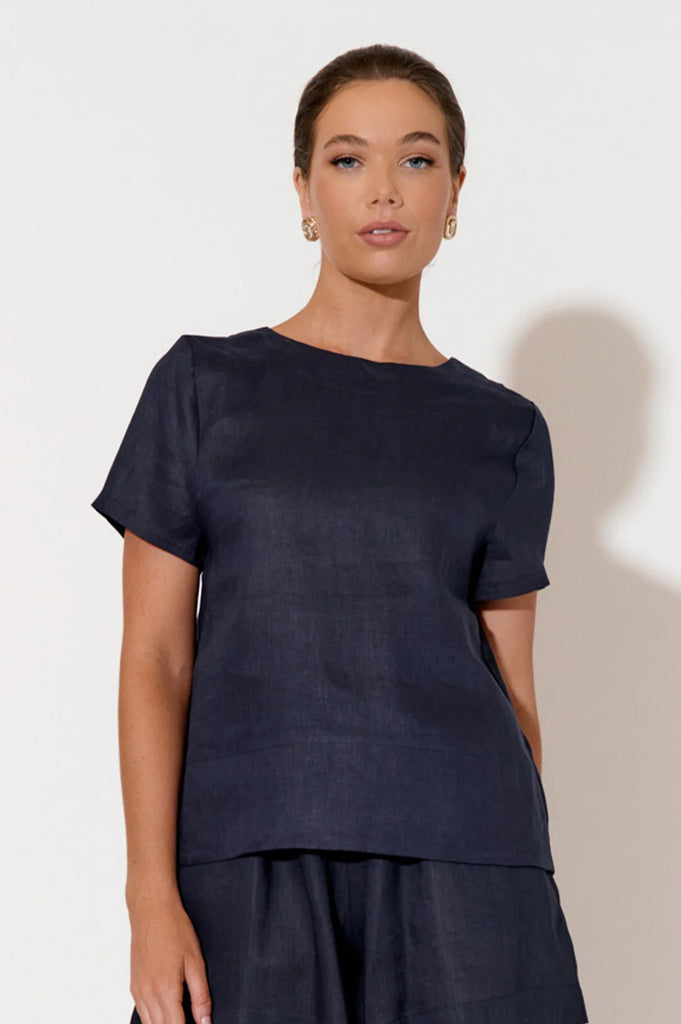 Kita Short Sleeve Button Back Linen Top Navy Tops Adorne   