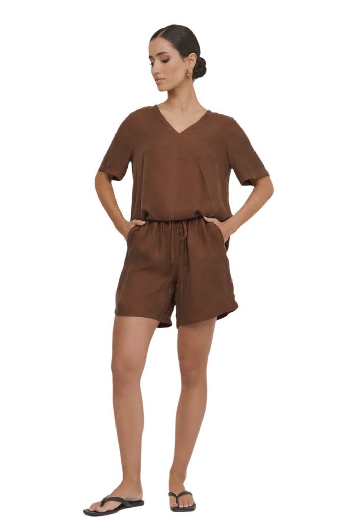 April Cupro Drawstring Short Chocolate Bottoms Adorne 8