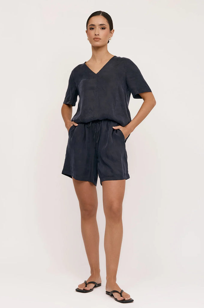 April Cupro Drawstring Short Navy Bottoms Adorne