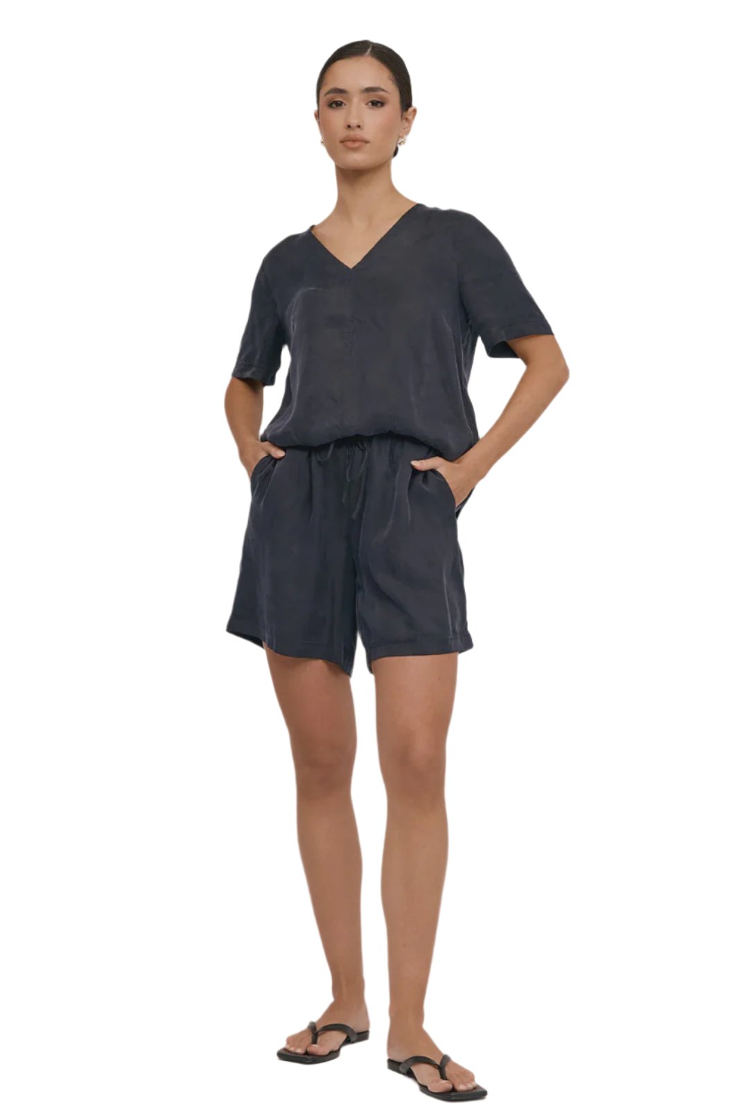 April Cupro Drawstring Short Navy Bottoms Adorne