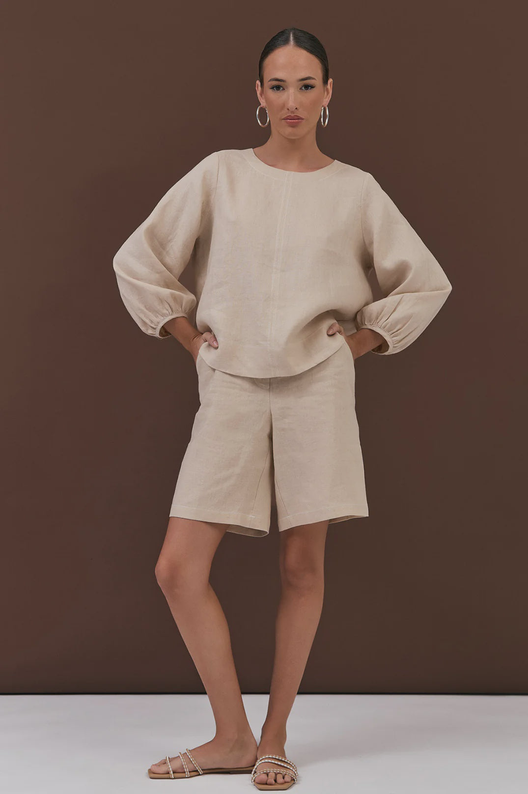 Heidi Contrast Stitch Bermuda Short Camel Bottoms Adorne