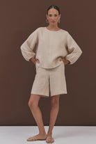 Heidi Contrast Stitch Bermuda Short Camel Bottoms Adorne