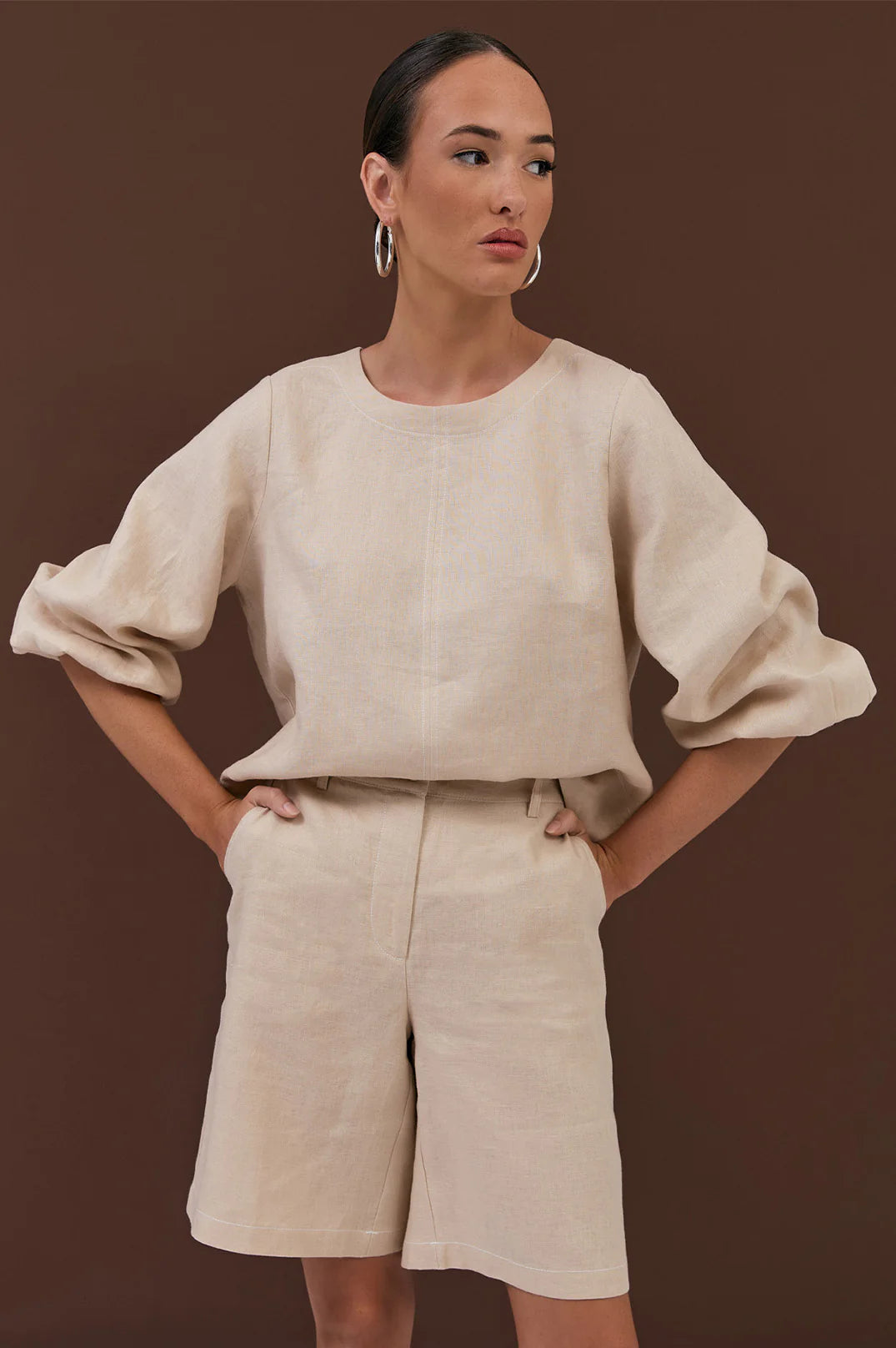 Heidi Contrast Stitch Bermuda Short Camel Bottoms Adorne