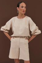 Heidi Contrast Stitch Bermuda Short Camel Bottoms Adorne 8