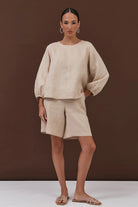 Heidi Contrast Stitch Bermuda Short Camel Bottoms Adorne