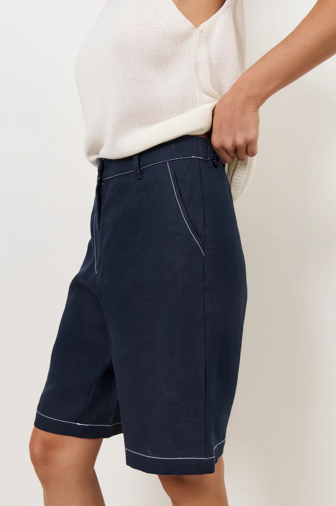 Heidi Contrast Stitch Bermuda Short Navy Bottoms Adorne