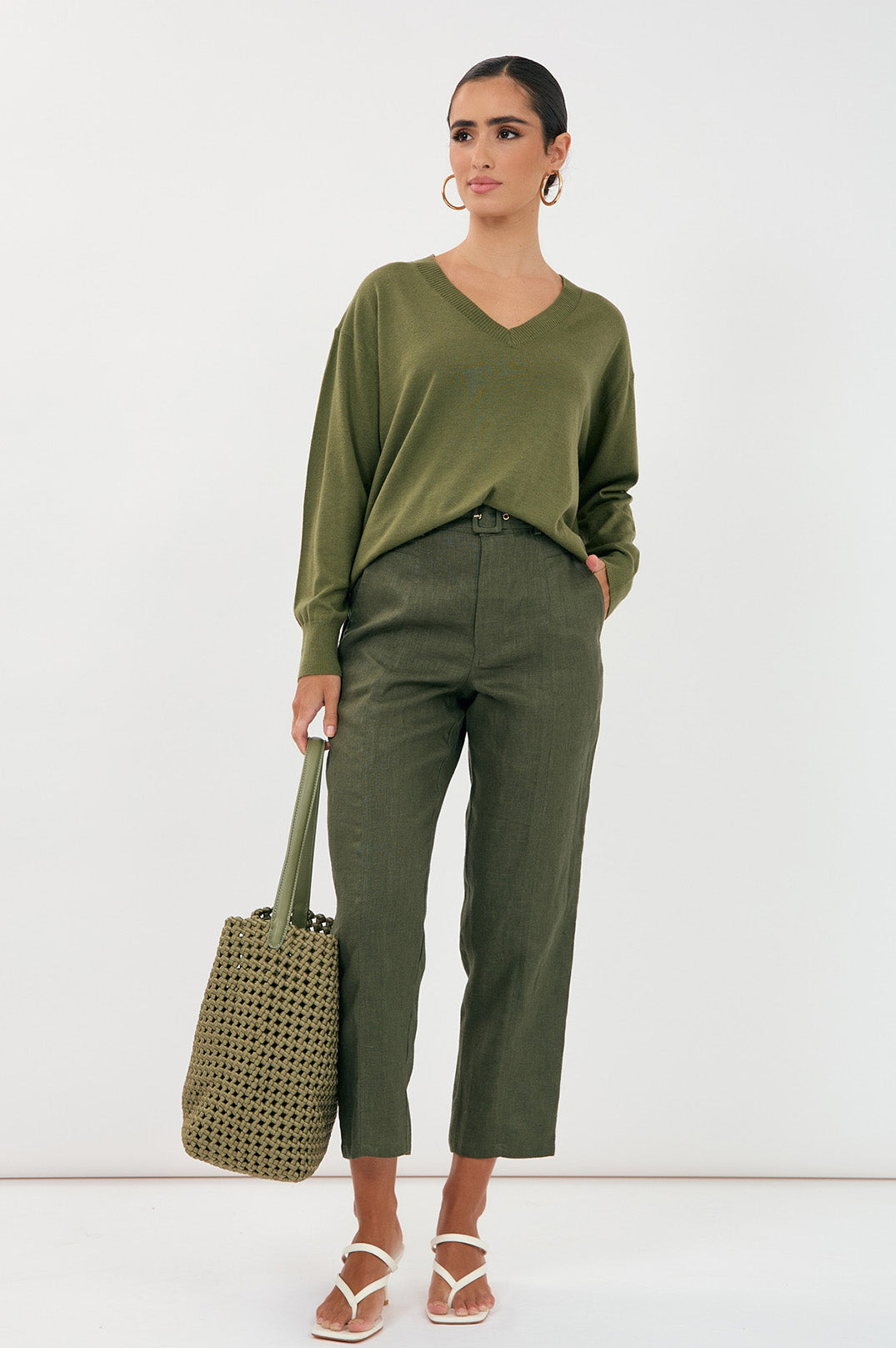 Tiffany Belted Linen Pant Khaki - Global Free Style