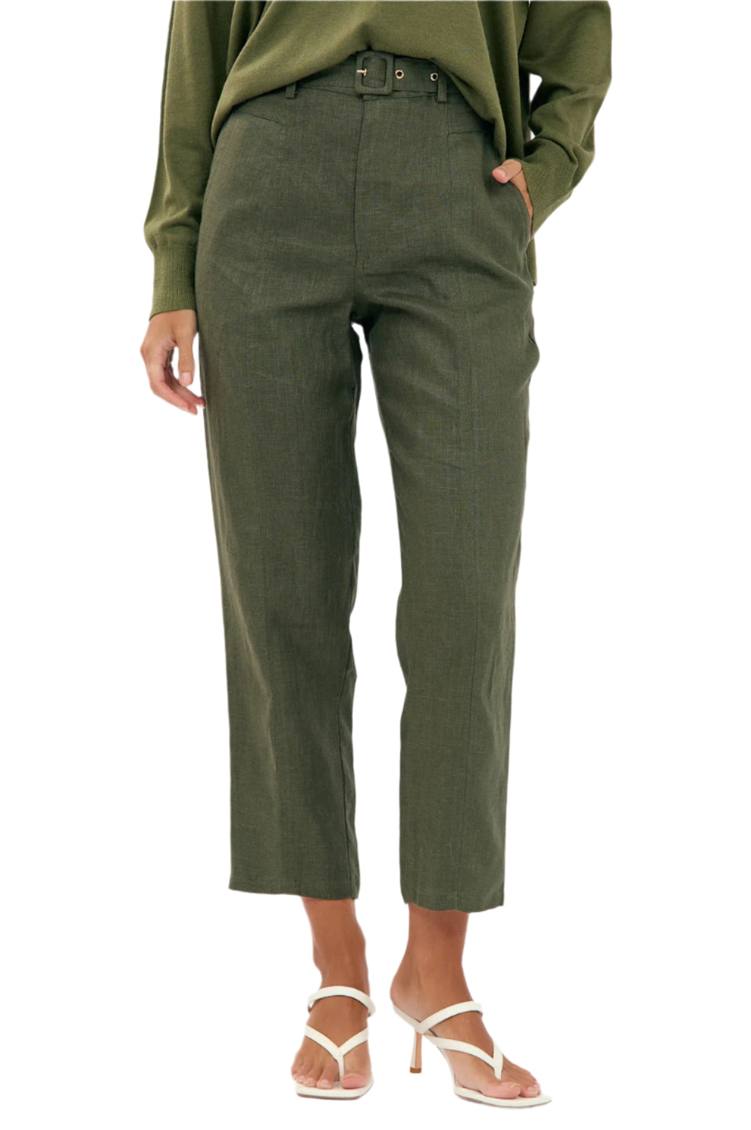 Tiffany Belted Linen Pant Khaki - Global Free Style
