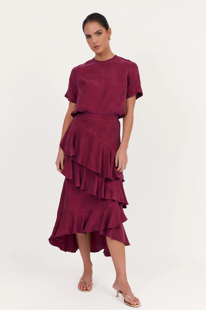 Peta Frilled Cupro Skirt Burgundy Skirts Adorne