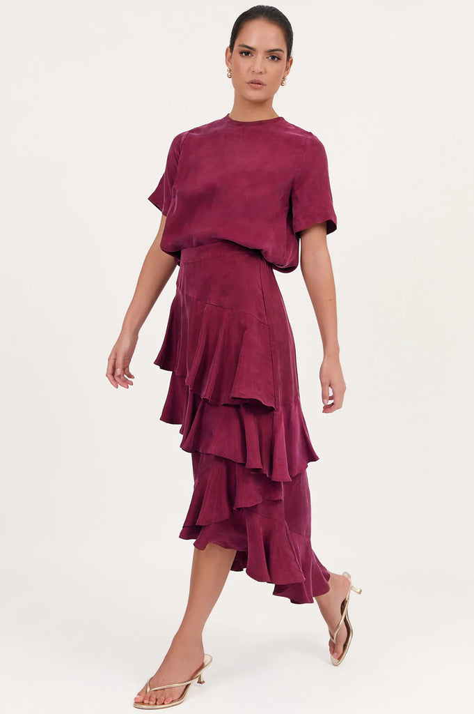 Peta Frilled Cupro Skirt Burgundy Skirts Adorne