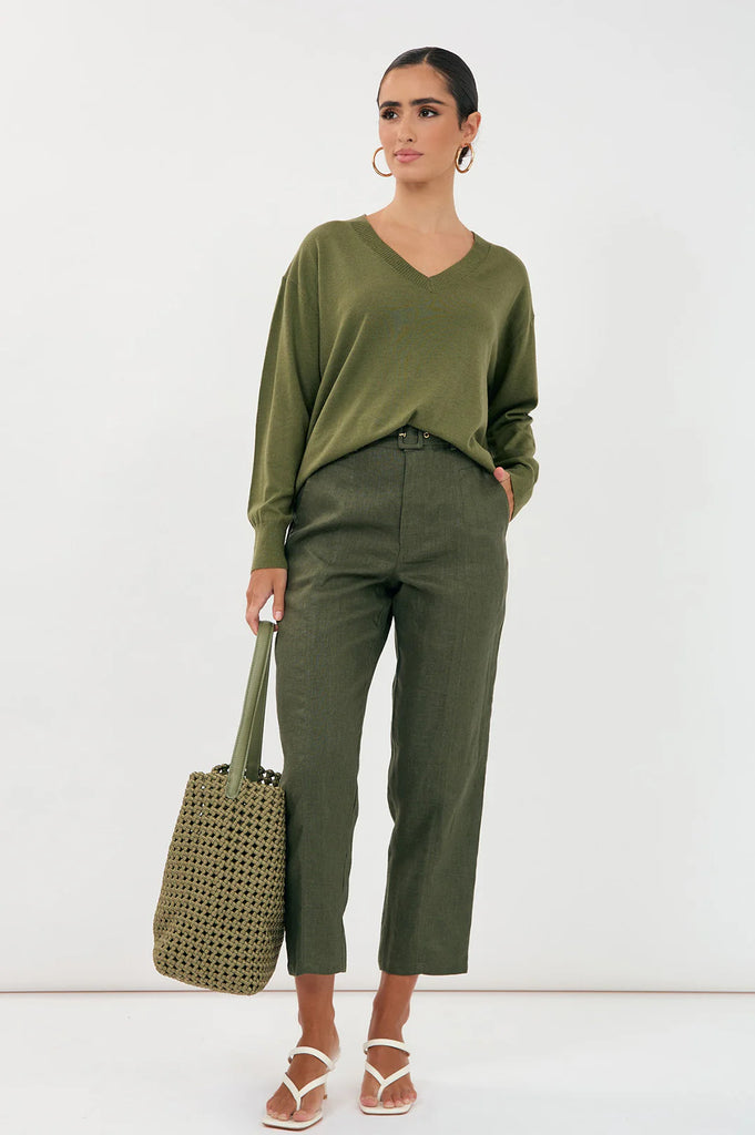 Laney Long Sleeve V Neck Light Weight Knit Top Khaki Tops Adorne