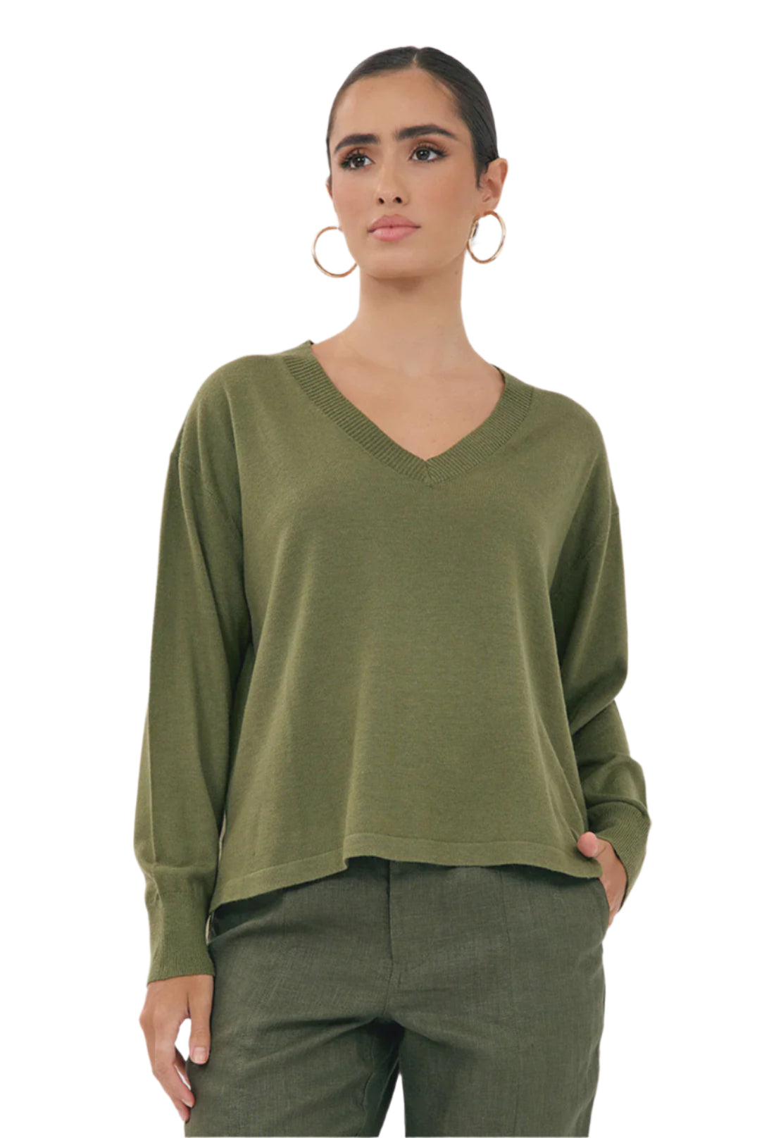 Laney Long Sleeve V Neck Light Weight Knit Top Khaki Tops Adorne