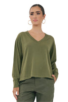 Laney Long Sleeve V Neck Light Weight Knit Top Khaki Tops Adorne