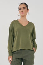 Laney Long Sleeve V Neck Light Weight Knit Top Khaki Tops Adorne S(8)
