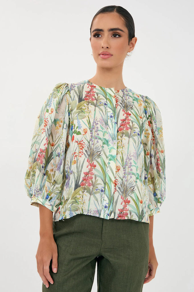 Lauren Floral Ramie 3/4 Sleeve Shirt Floral Tops Adorne