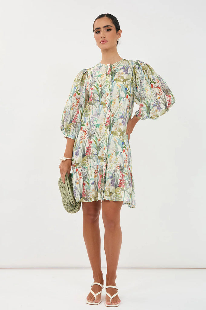 Lauren Floral Ramie 3/4 Sleeve Dress Floral Dresses Adorne