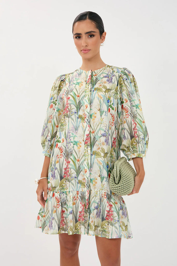 Lauren Floral Ramie 3/4 Sleeve Dress Floral Dresses Adorne