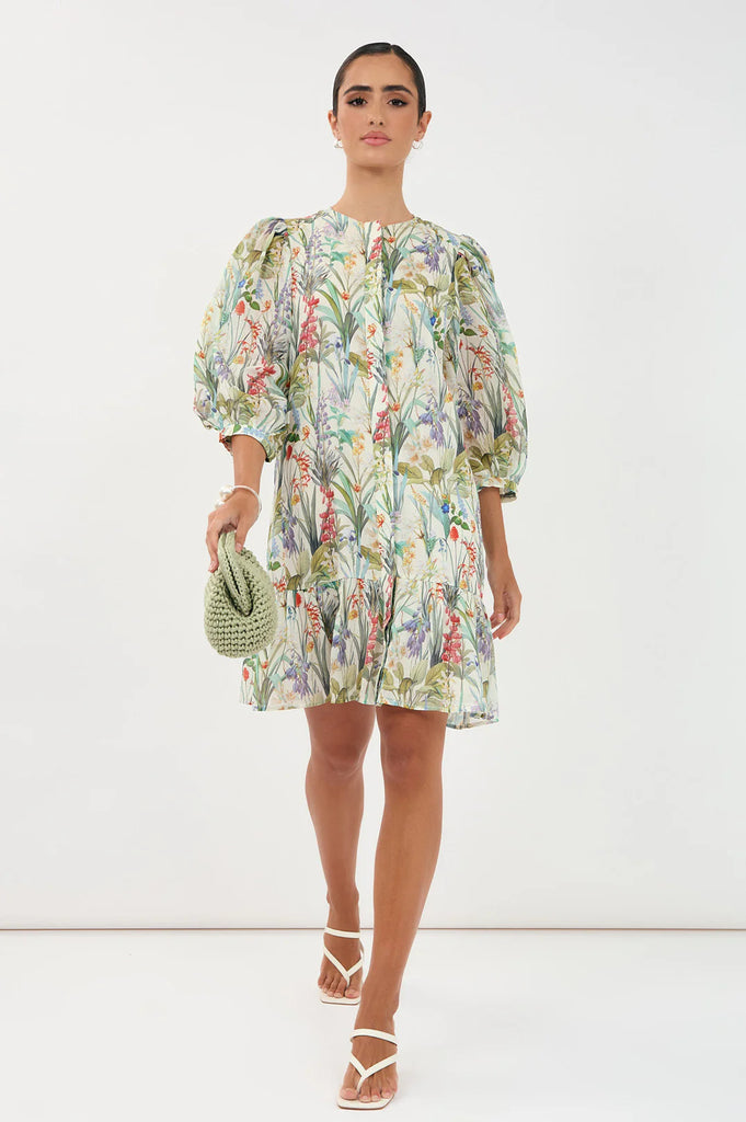 Lauren Floral Ramie 3/4 Sleeve Dress Floral Dresses Adorne
